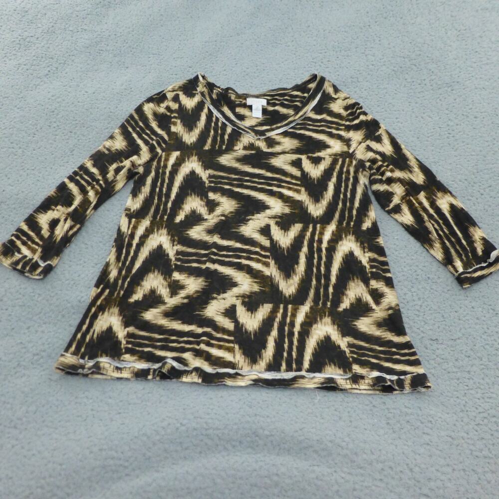 Chicos Top Womens 2 Geometric Brown 3/4 Sleeve V Neck Art Sheer Woven
